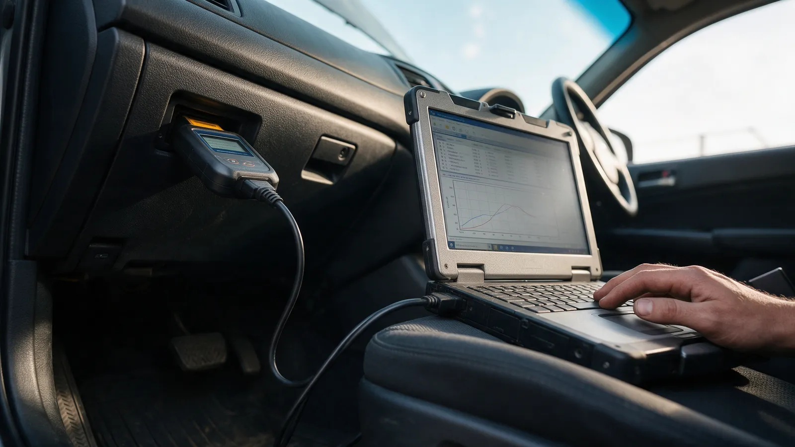 A diagnostic reader plugged into a car's OBD port under the dashboard, its cable running to a rugged laptop on the driver's seat