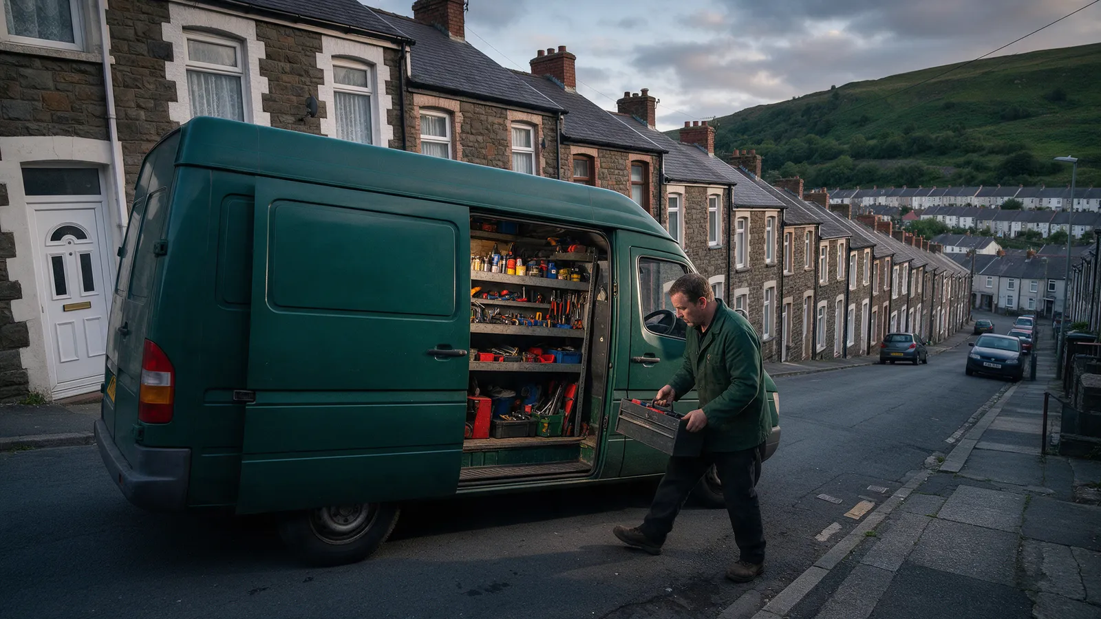 A dark green service van on a steep terraced street in the Rhondda