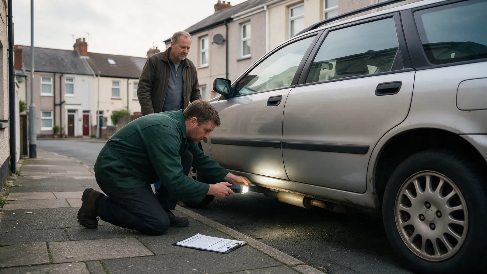 A mechanic kneeling beside a used silver estate car on a residential street, shining a torch underneath, a checklist on the pavement