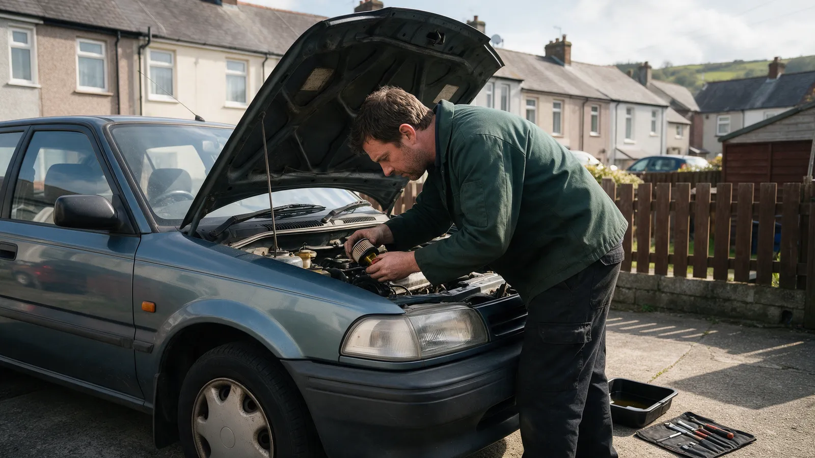A mobile mechanic in a dark green jacket leaning into the bonnet of a family hatchback on a valley driveway, with a drip tray and tool roll on the ground