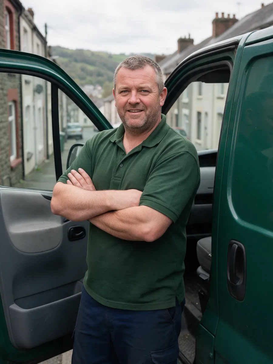 Dai Pritchard, a stocky Welsh mechanic of about forty-five with greying hair and stubble, in a green work polo, arms folded by the open door of a green van