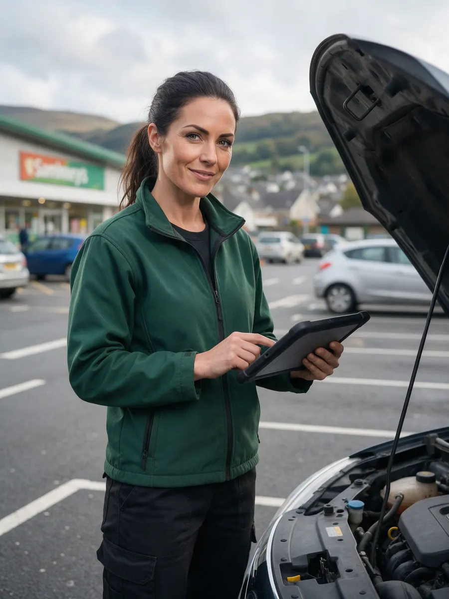 Ffion Rees, a Welsh mechanic of about thirty with a dark ponytail, in a green work jacket, holding a diagnostic tablet beside an open bonnet in a car park