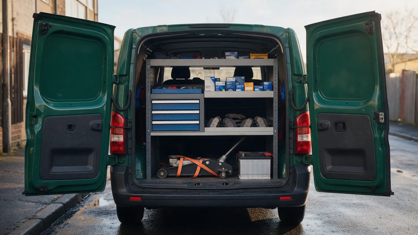 The open rear doors of a green service van fitted with tool drawers, boxed filters and brake pads, a battery and a trolley jack