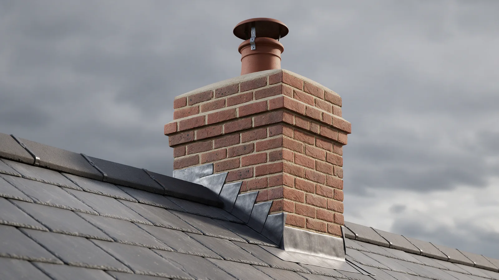 A rebuilt brick chimney stack with new stepped lead flashing and a clay pot
