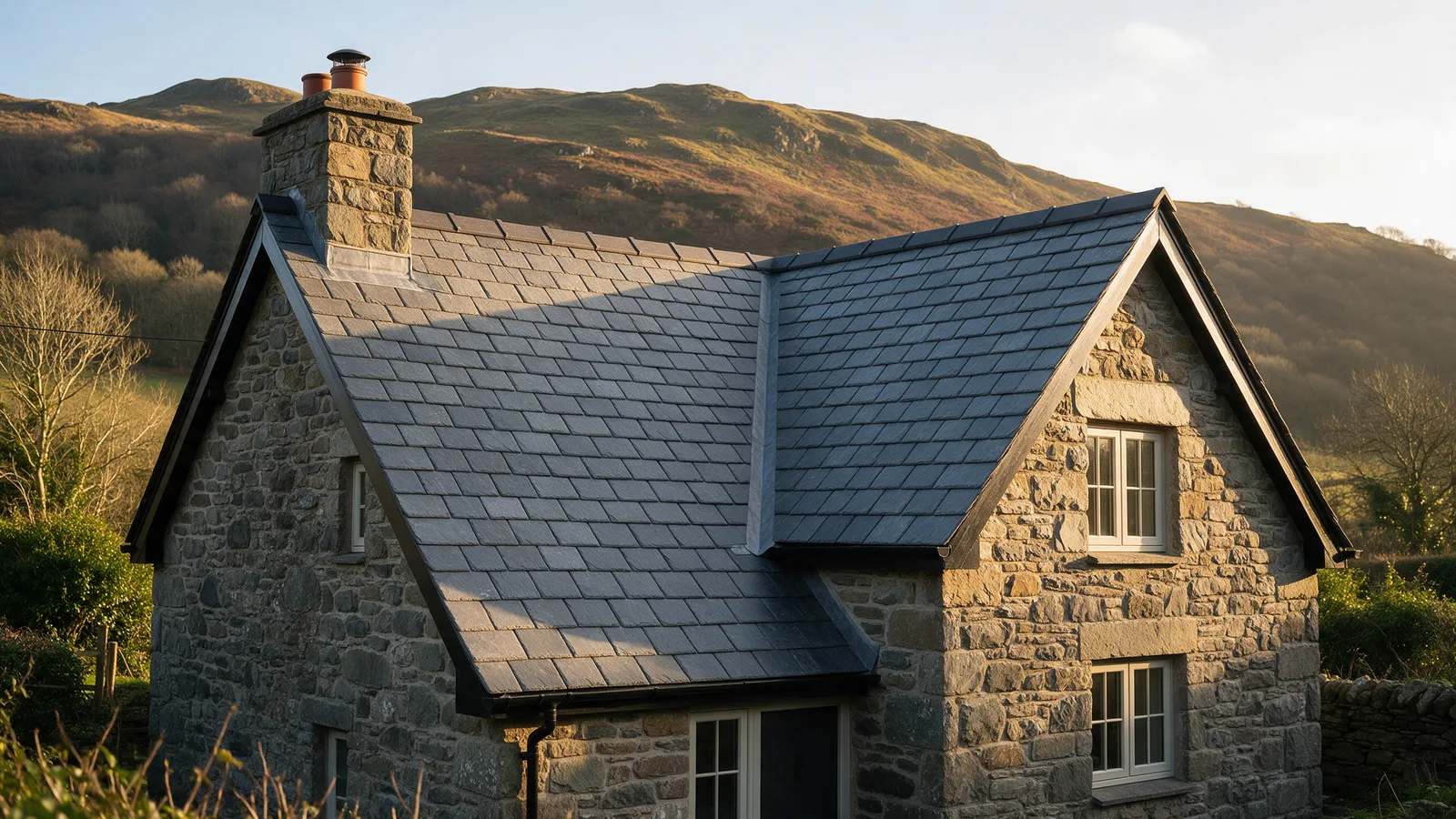 A detached stone cottage with a new natural slate roof and rebuilt chimney in evening light