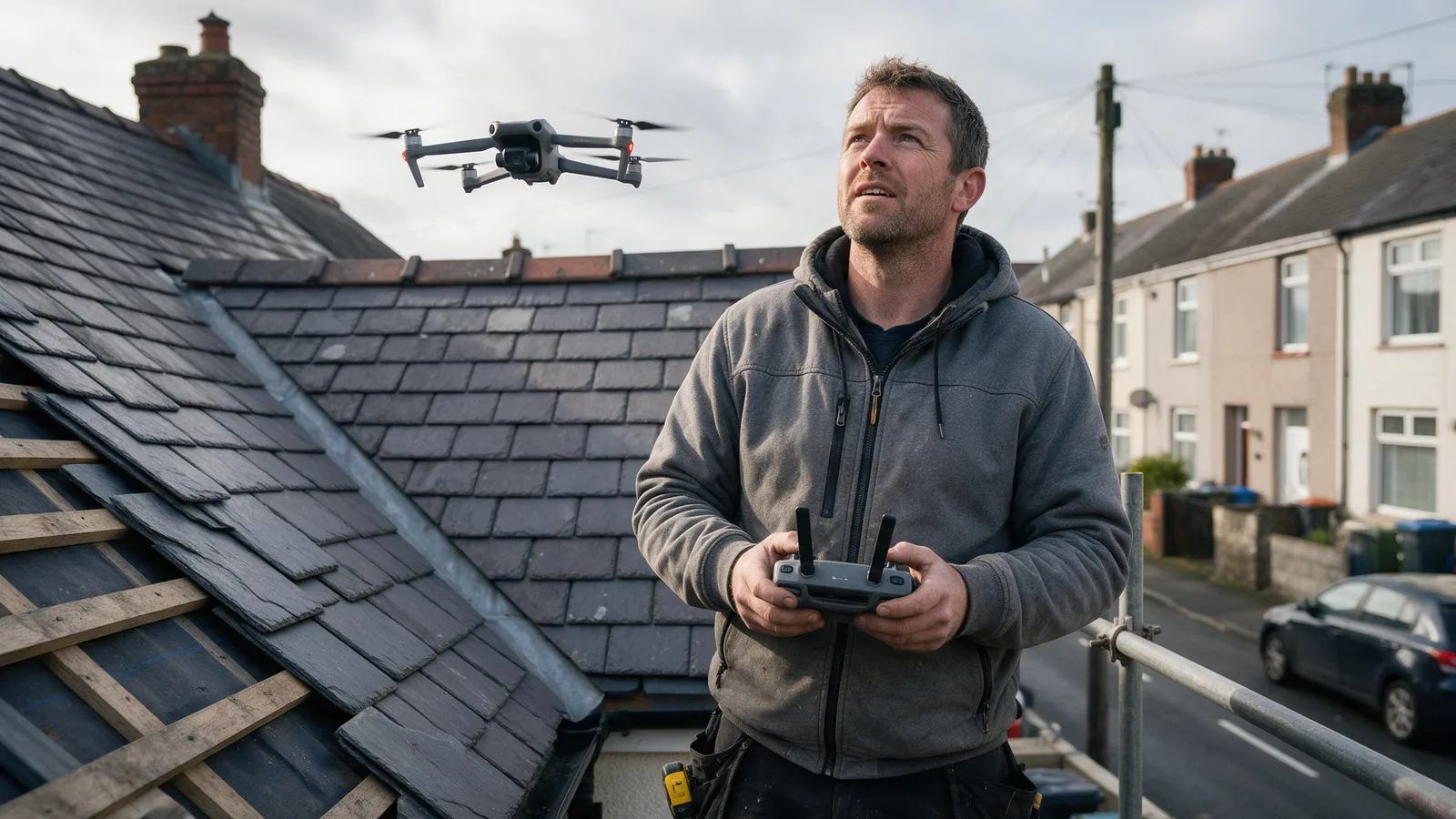 A roofer in a grey jacket flying a drone above a slate roof on a residential street