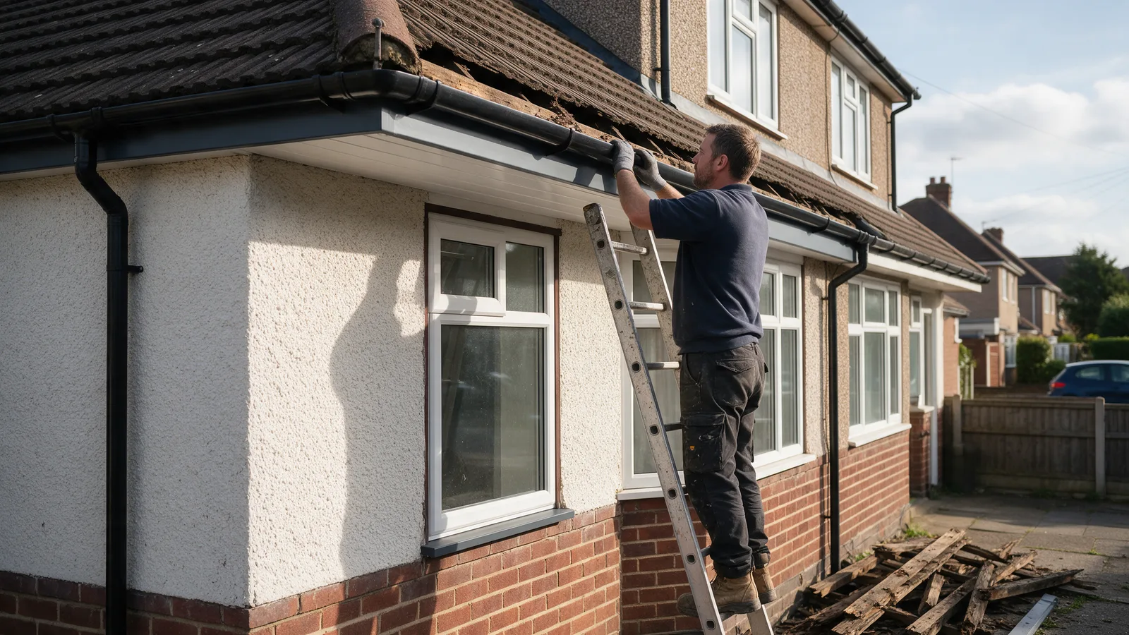 A roofer on a ladder fitting new anthracite uPVC fascias and black guttering to a semi-detached house