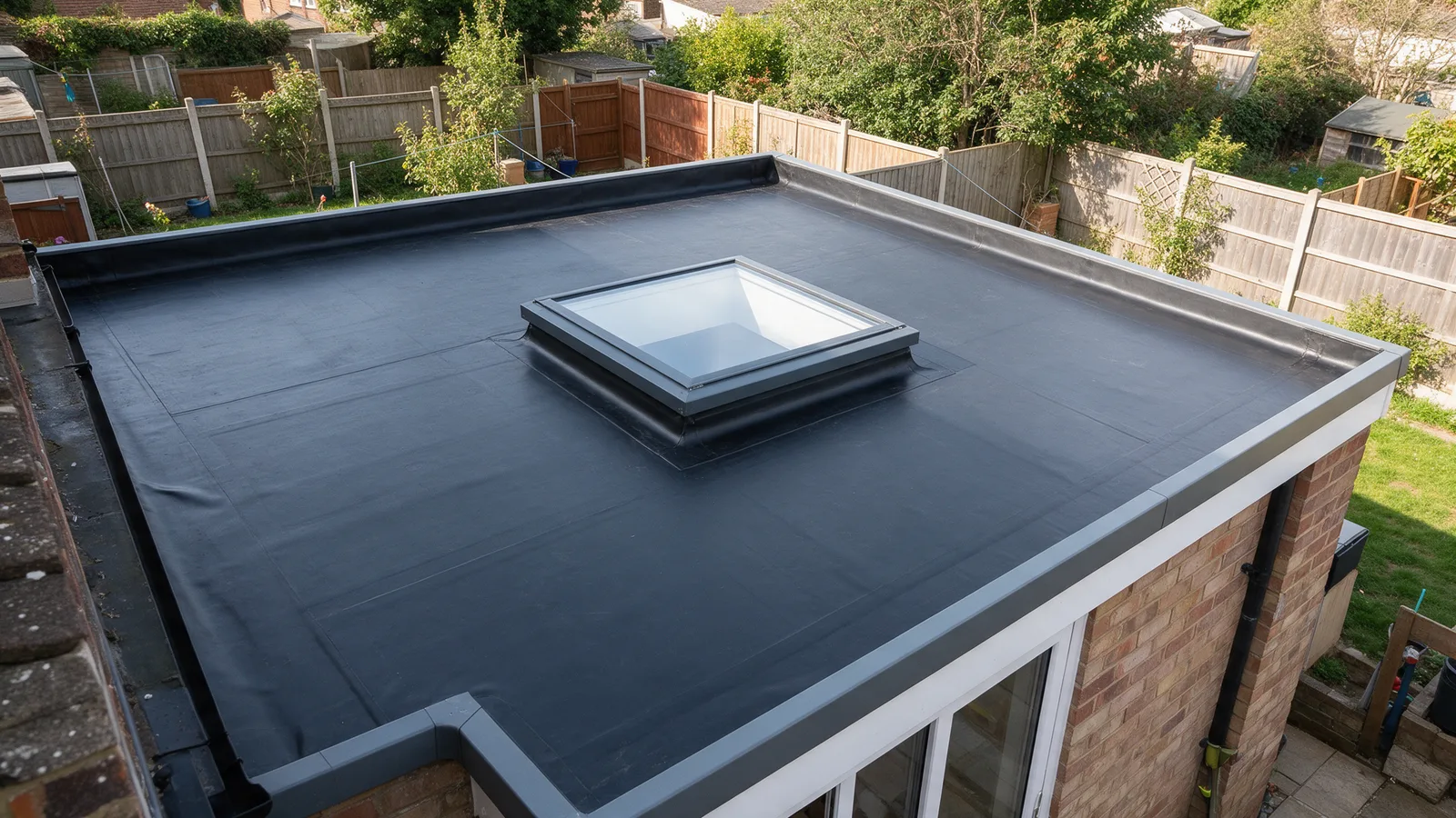 A newly finished black EPDM rubber flat roof on a house extension with a roof lantern and aluminium edge trim