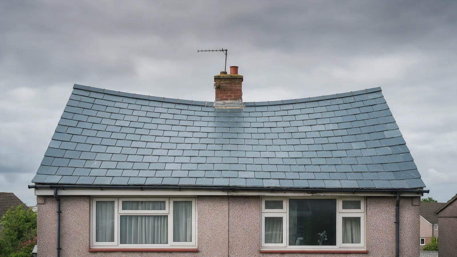 The same semi-detached house after: new grey slate roof with a straight ridge and dry verges