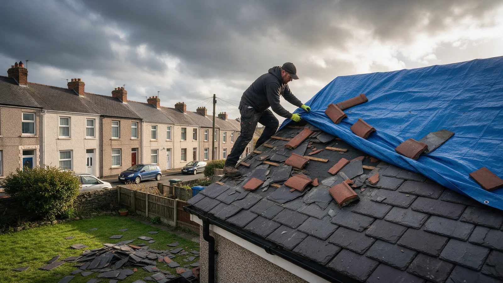 A roofer securing a blue tarpaulin over a storm-damaged slate roof with broken slates on the lawn below
