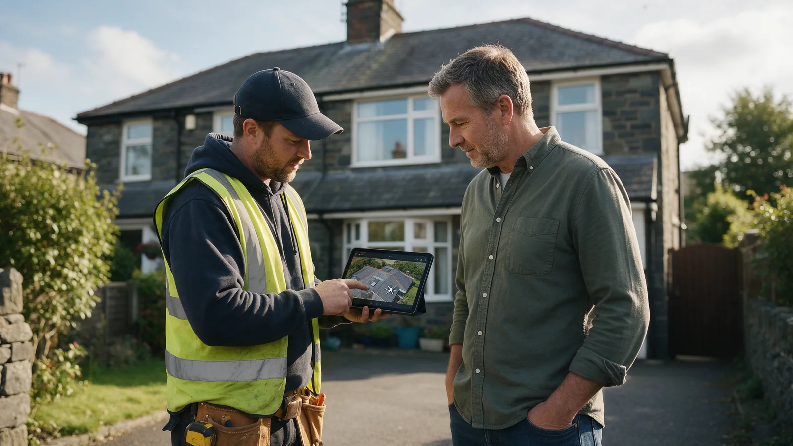 A roofer showing a homeowner drone photographs of their roof on a tablet on the driveway
