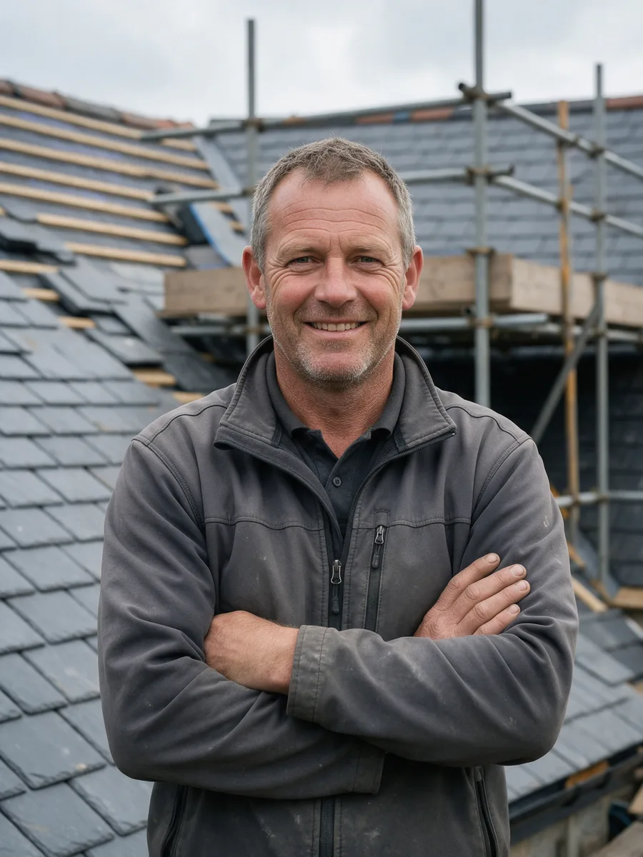 Gethin Price with arms folded in front of scaffolding on a slate roof