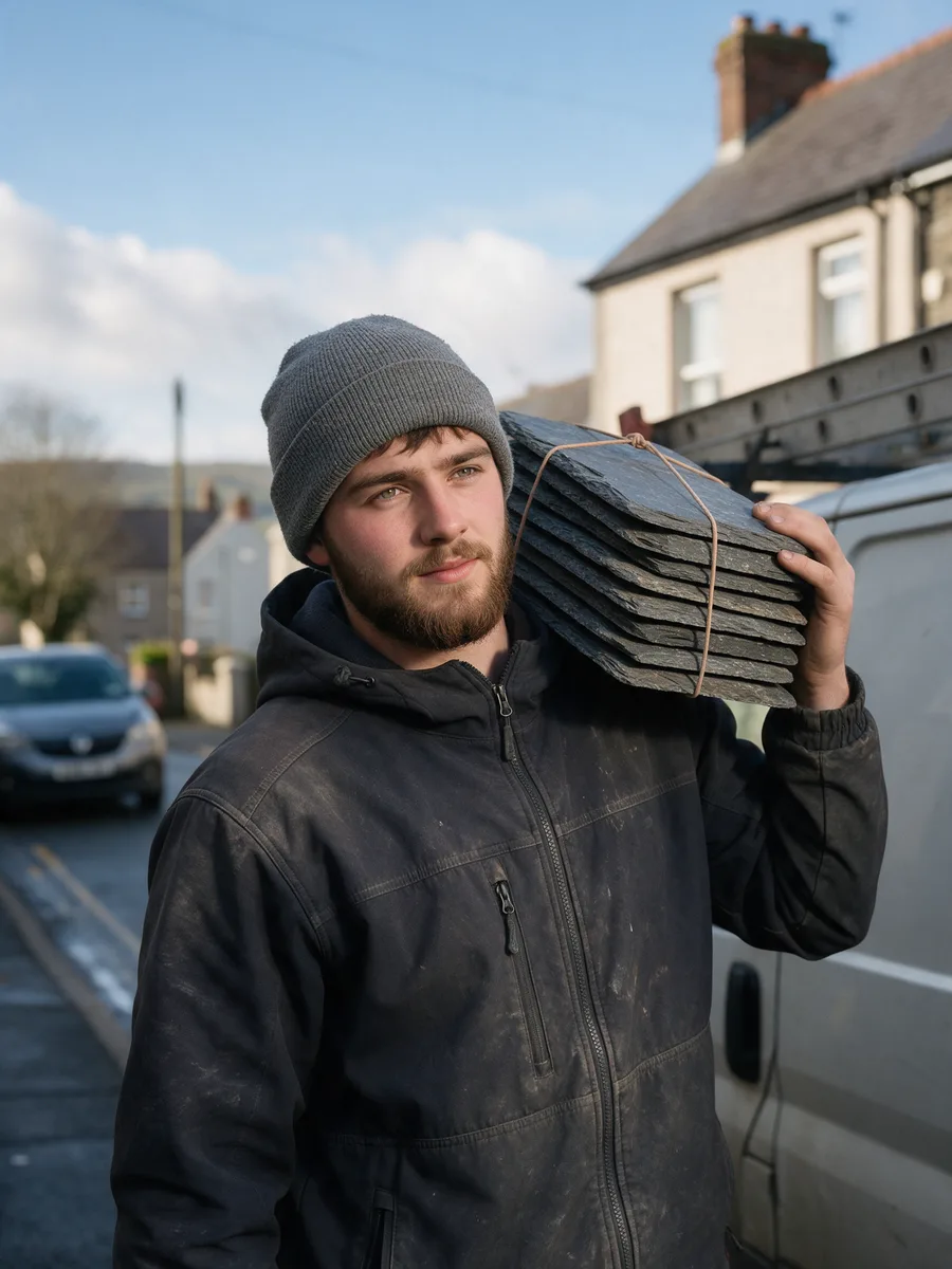 Jake Morgan carrying a bundle of slates on his shoulder beside a van