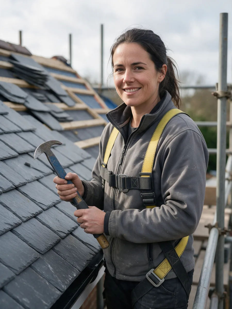 Lowri Evans on scaffolding beside a slate roof holding a slate ripper