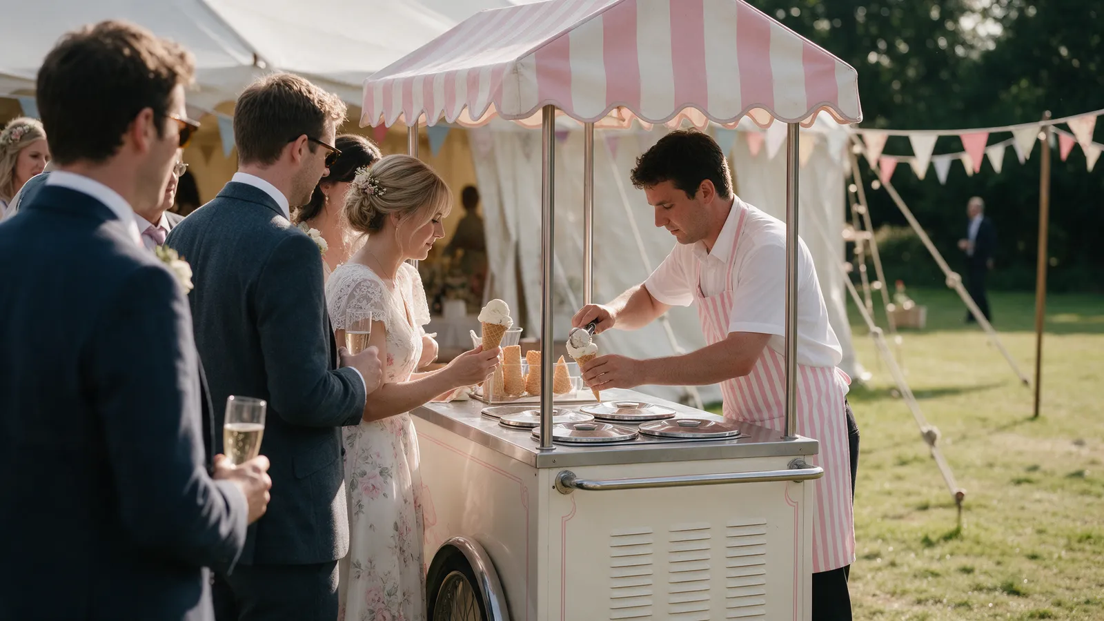 A vintage ice-cream tricycle cart with a pink and white striped canopy at an outdoor summer wedding, a server scooping into cones for guests in wedding clothes, a marquee behind