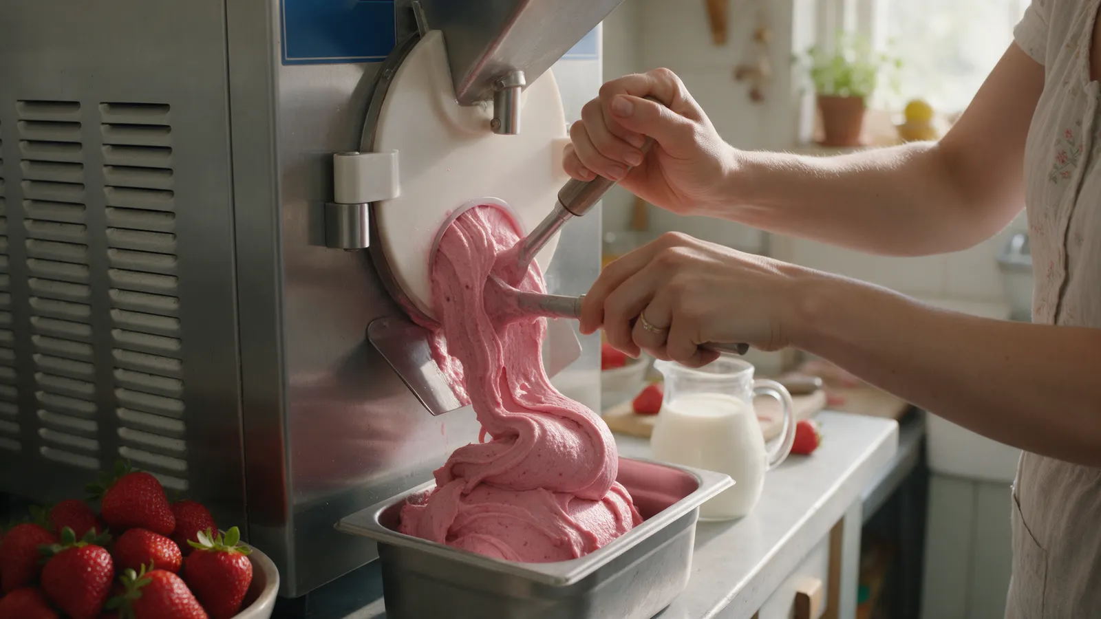 A batch freezer extruding thick pink raspberry ice cream into a steel tub, strawberries and a jug of cream on the counter, morning light