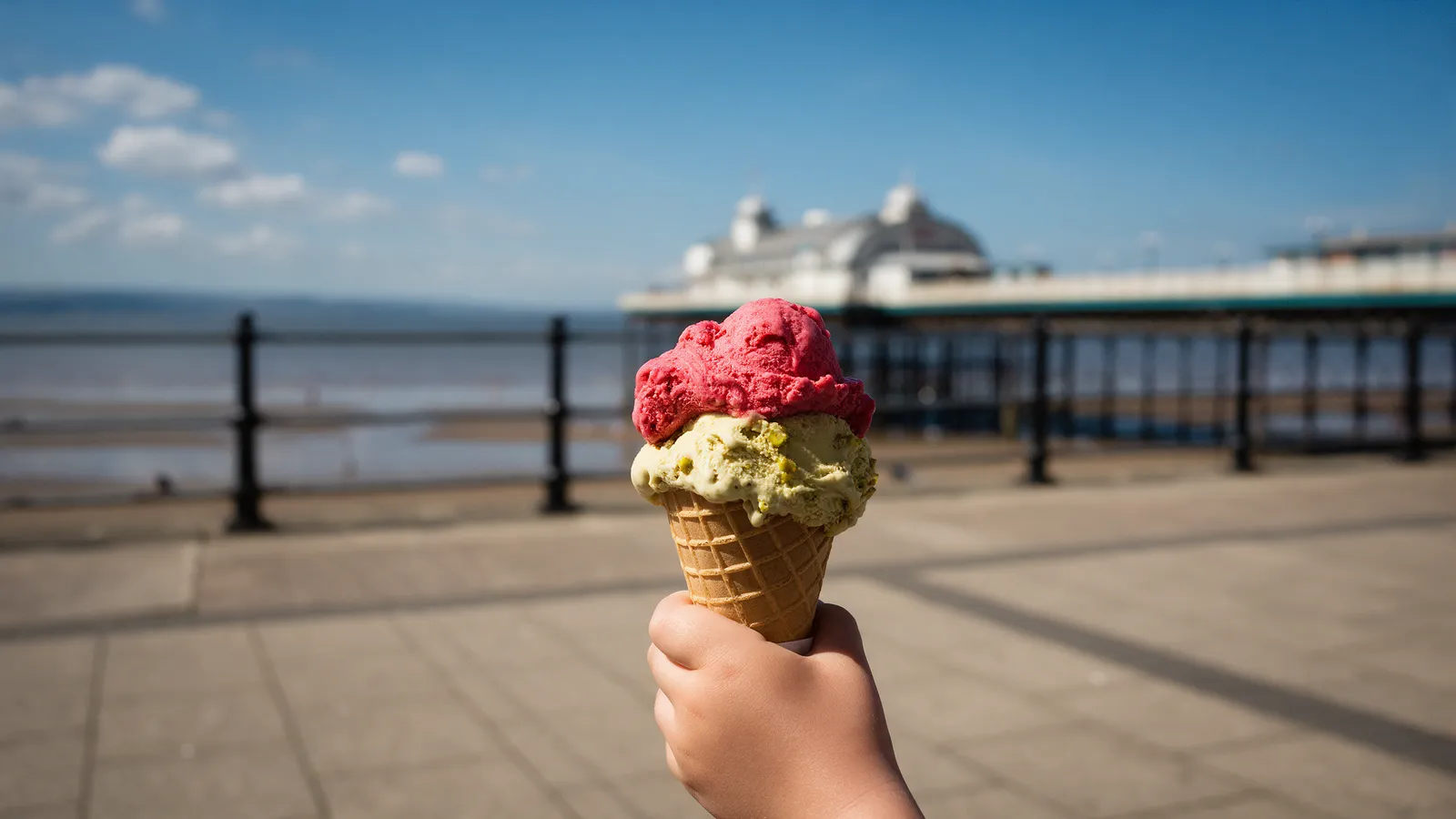 A child's hand holding a waffle cone with raspberry and pistachio ice cream on a sunny promenade, Swansea Bay and the pier behind