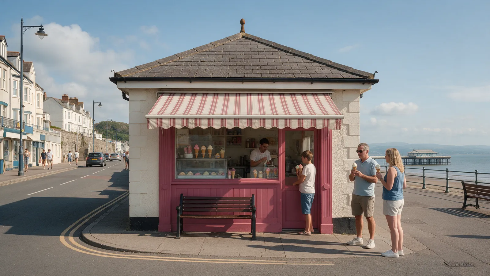 A small raspberry-pink ice-cream parlour building with a striped awning on the seafront promenade in Mumbles, a bench outside and people with cones, the bay and pier behind