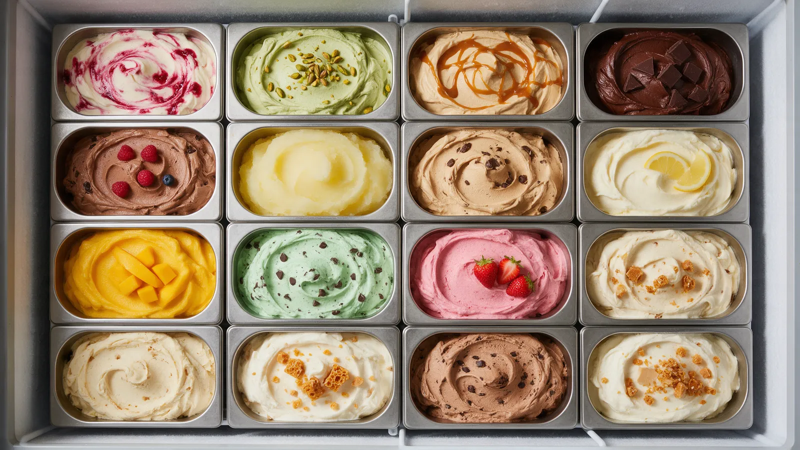Sixteen open steel tubs of homemade ice cream in a display freezer seen from above, raspberry ripple, pistachio, salted caramel, chocolate, lemon sorbet, mango and others, swirled tops