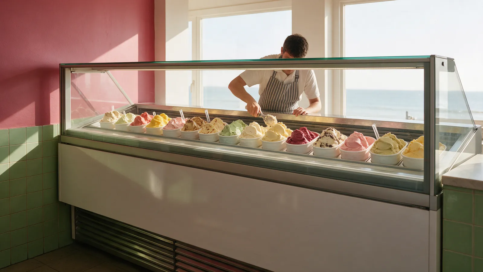 The inside of a seaside ice-cream parlour with a long glass cabinet of colourful tubs, a raspberry-pink wall and pistachio-green tiles, a server scooping, the sea through the windows