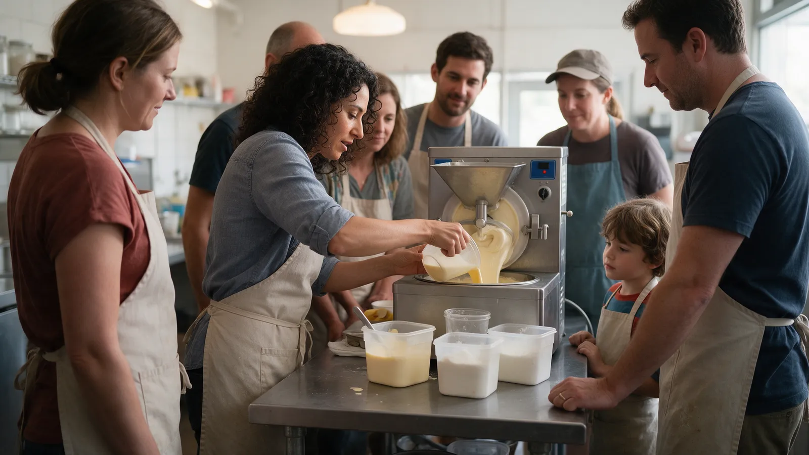 A small group of adults and a child in aprons around a steel worktable in an ice-cream kitchen, a woman showing them how to pour a custard base into a churning machine