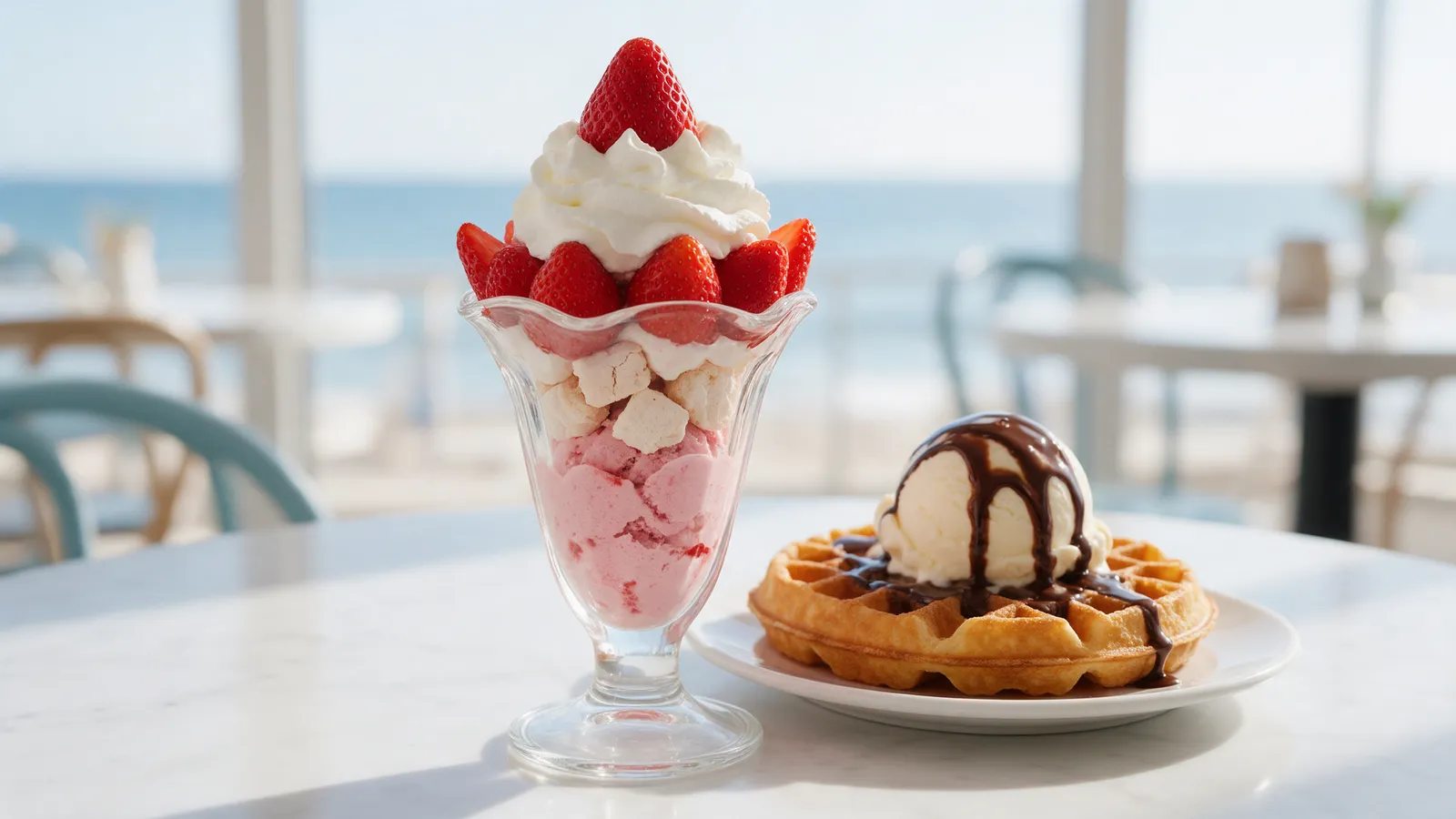 A tall glass sundae with layers of strawberry ice cream, meringue, fresh strawberries and cream on a marble table, beside a Belgian waffle with a scoop of vanilla and chocolate sauce