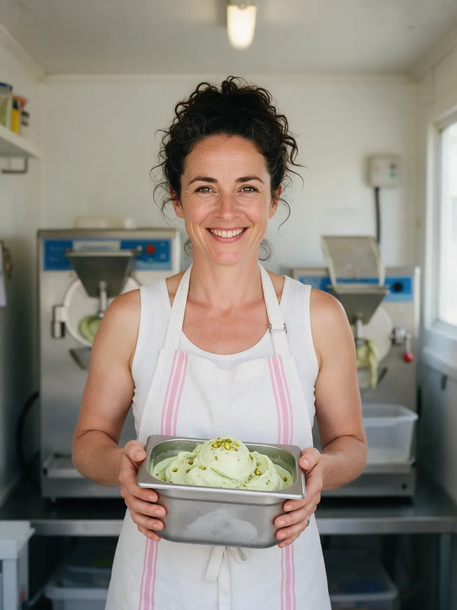 Ffion Pugh, a Welsh woman in her mid-thirties with dark curly hair tied up, in a white apron with pink stripes, holding a steel tub of pistachio ice cream in a bright ice-cream kitchen