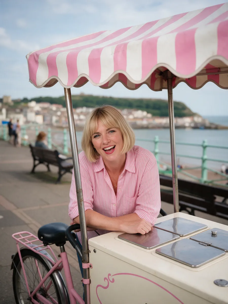 Mali Pugh, a Welsh woman in her early thirties with a blonde bob, in a pink-striped shirt, leaning on a vintage ice-cream tricycle cart with a striped canopy on a seaside promenade
