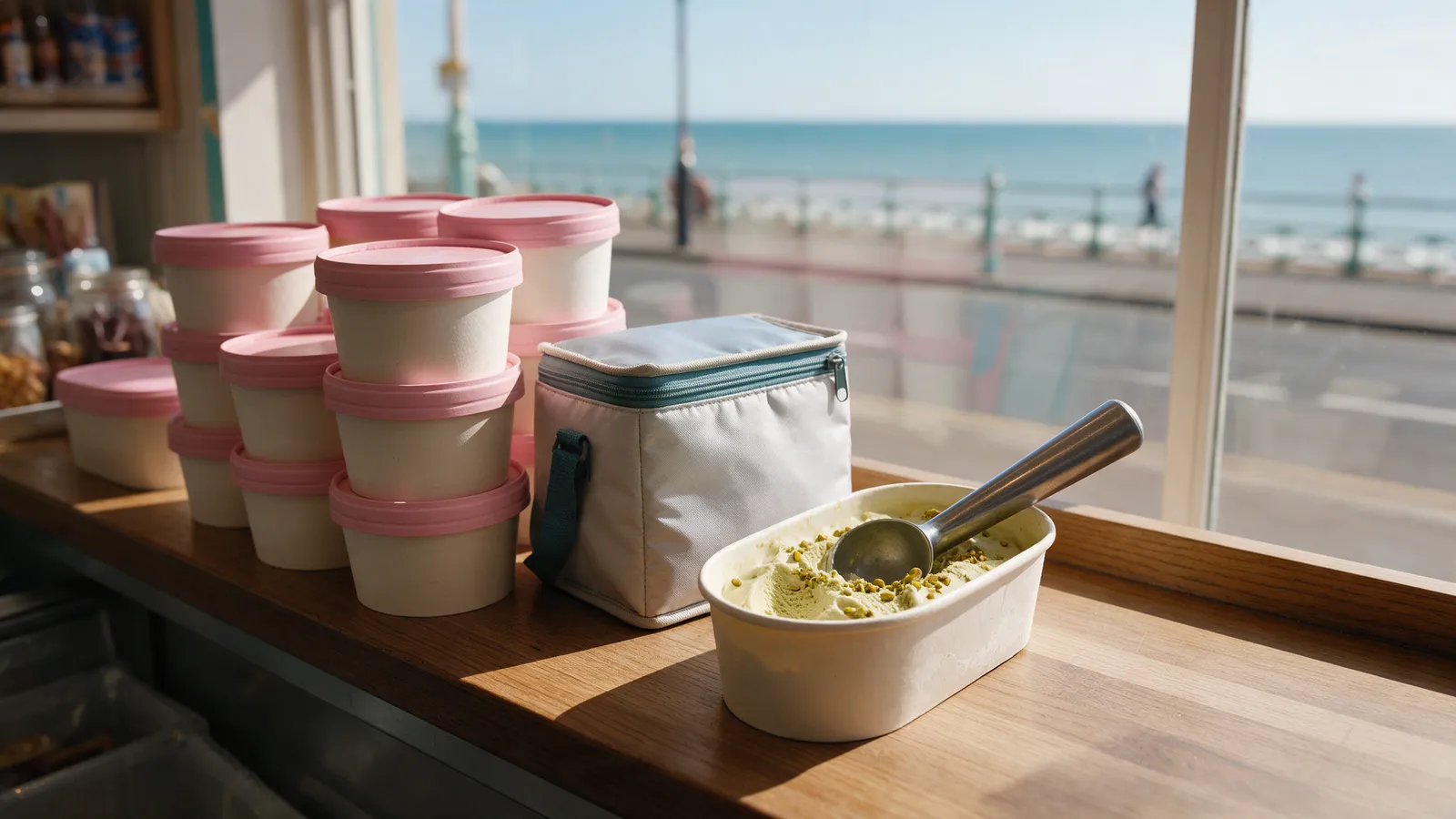Paper ice-cream tubs with pink lids stacked on a counter beside a cool bag, one open tub of pistachio ice cream with a scoop resting in it, a window to the seafront behind