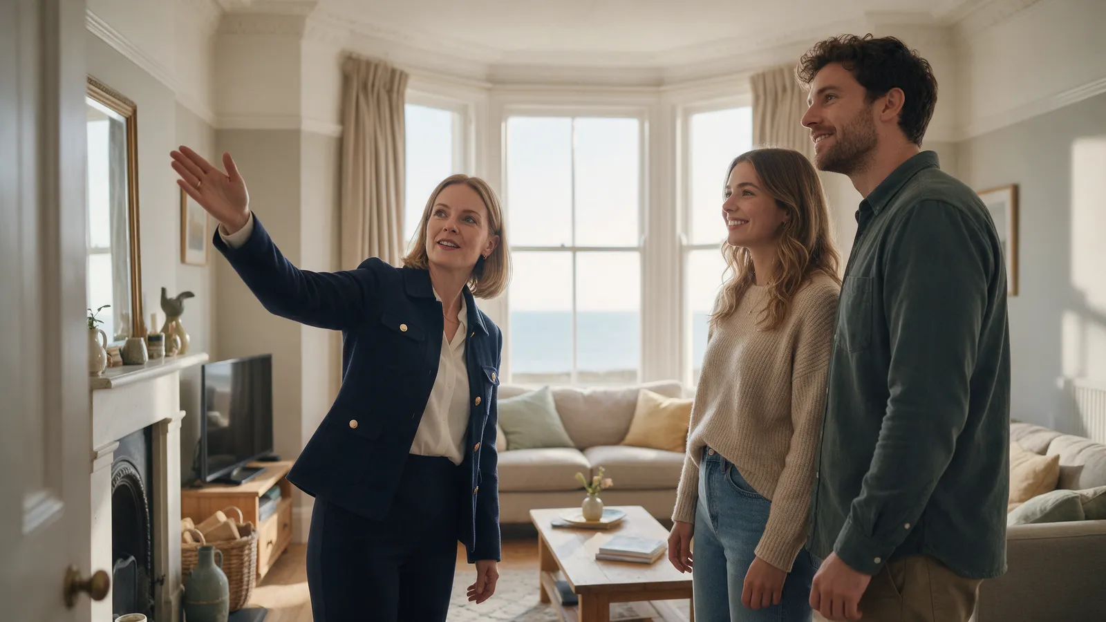 An estate agent in her thirties in a smart navy jacket showing a young couple around the bright bay-windowed living room of a Victorian house with sea light through the window