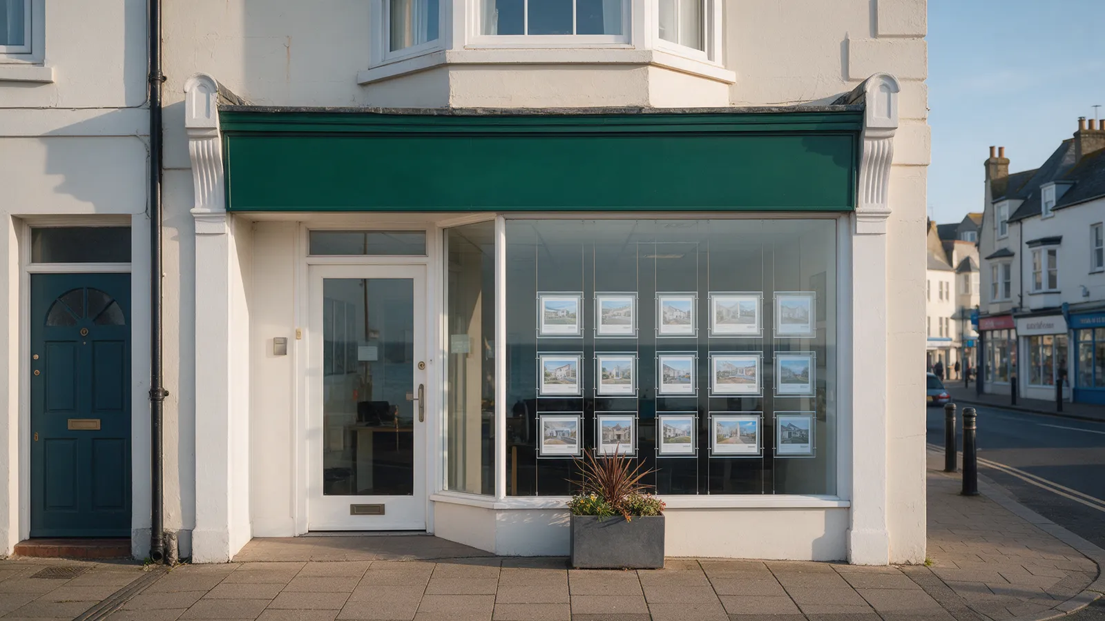 An estate agent's office front on a smart seaside-town high street, a deep green fascia, a window of property display frames and a planter outside