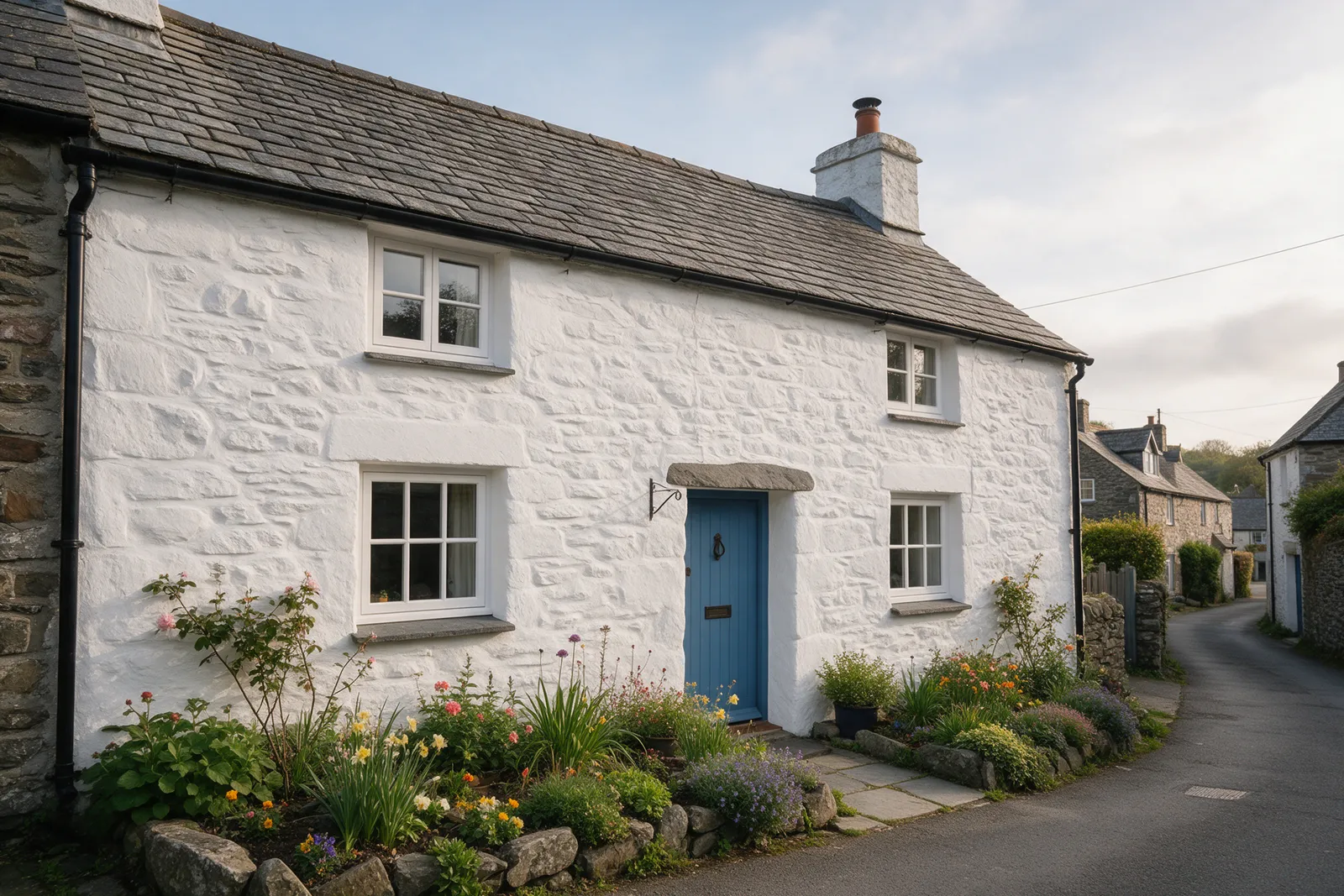 A whitewashed stone cottage with a slate roof, a blue front door and a cottage garden in a Welsh village lane