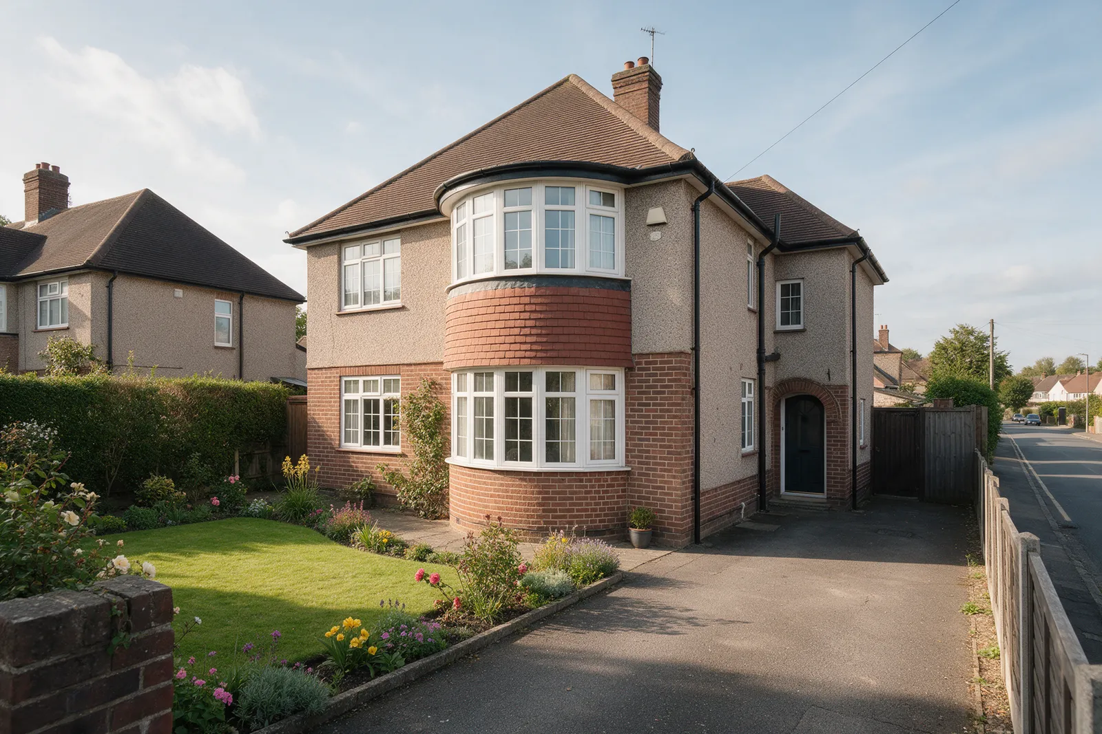 A 1930s detached family house with a rounded bay, a neat front garden and a driveway in a quiet suburban road