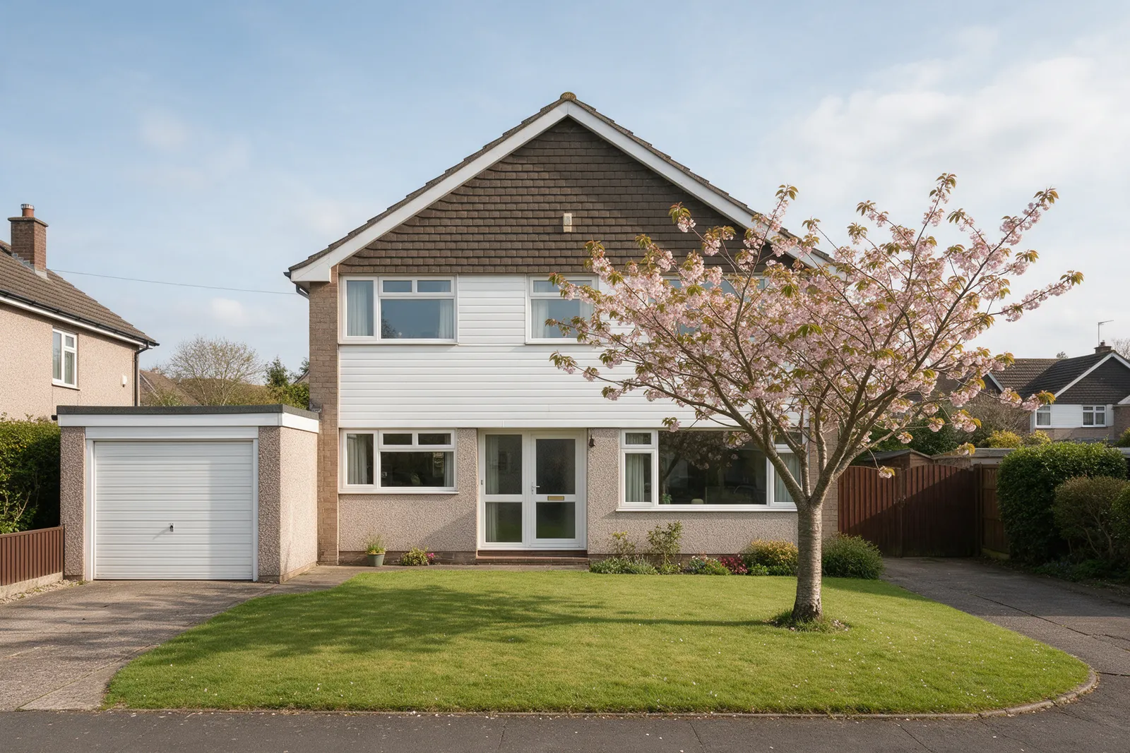 A 1960s semi-detached family house with a lawn, a garage and a cherry tree in a quiet cul-de-sac