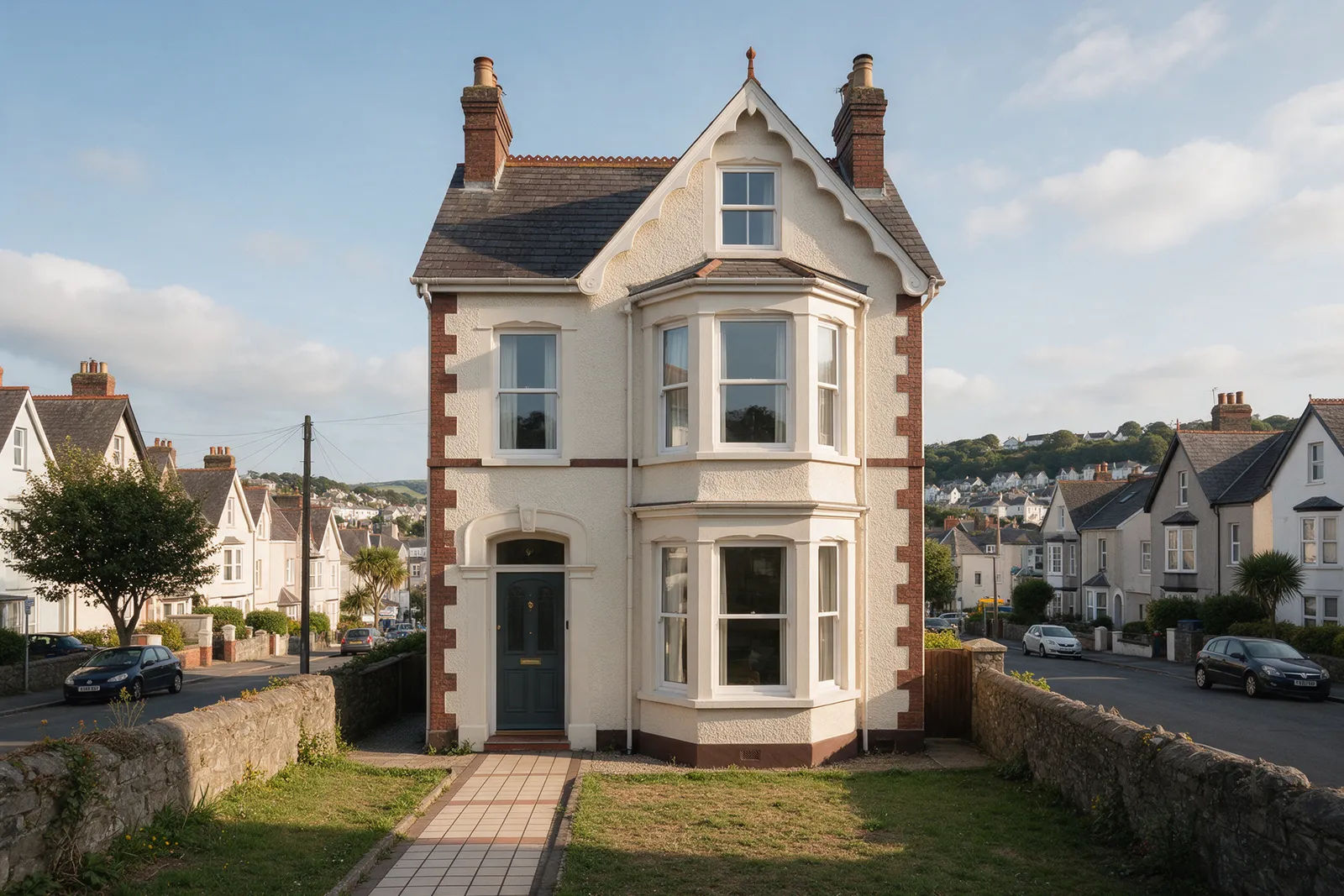 A handsome three-storey Victorian terraced house with a bay window and a tiled path in a leafy seaside town street