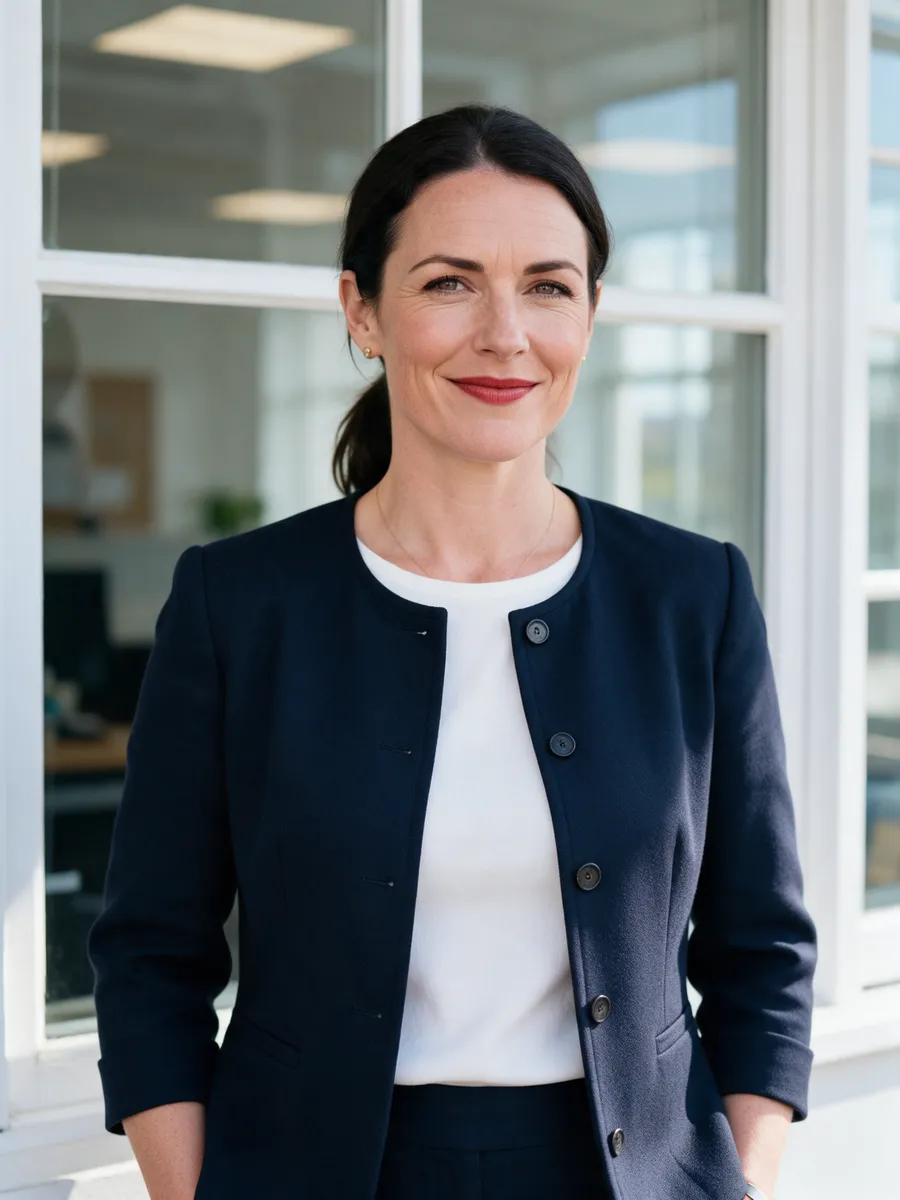 Ffion Davies, a woman in her late thirties with dark hair in a low ponytail, a smart navy jacket and white top, standing outside a bright office window
