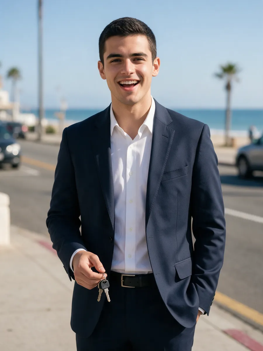 Josh Pritchard, a young man in his mid-twenties with short dark hair in a navy suit with no tie, holding a set of keys on a sunny seaside street