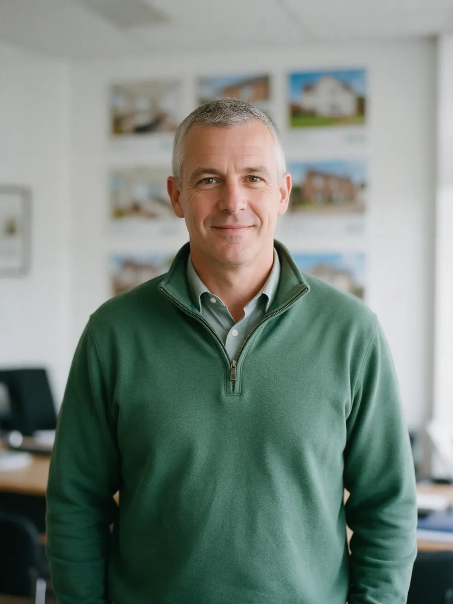 Mark Hughes, a man in his late forties with cropped grey hair in a green quarter-zip over a shirt, standing in a bright office