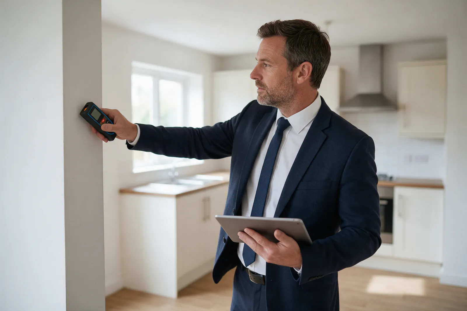 An estate agent in his forties with a laser measure and a tablet in an empty bright kitchen, measuring for a valuation