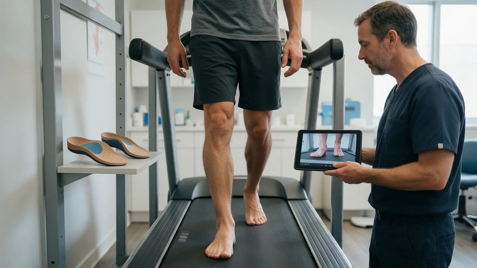 A man walking barefoot on a treadmill while a podiatrist watches a slow-motion video of his feet on a tablet, a pair of custom orthotic insoles on a shelf