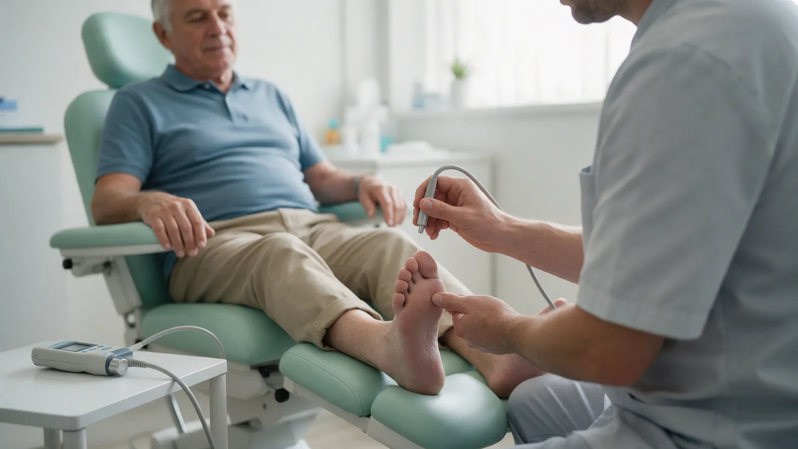 A podiatrist testing foot sensation on an older man's foot with a monofilament, the man seated in a mint-green podiatry chair, a handheld doppler on the side table