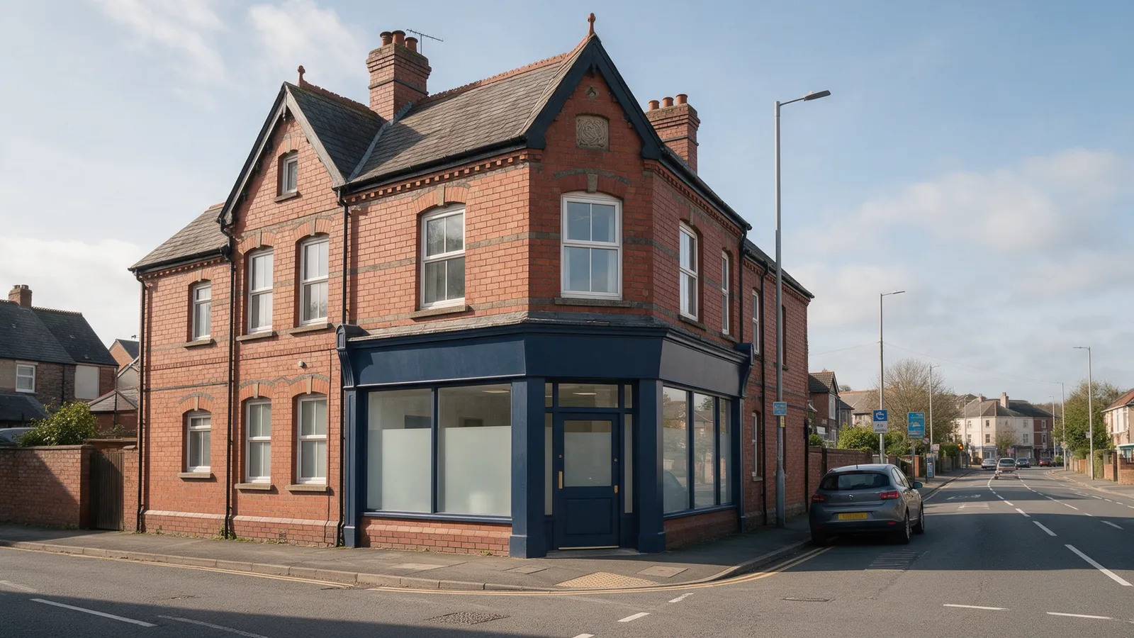 A small clinic in a Victorian red-brick corner building on a Cardiff main road, a navy shopfront with frosted lower windows and a step-free door, a parked car outside