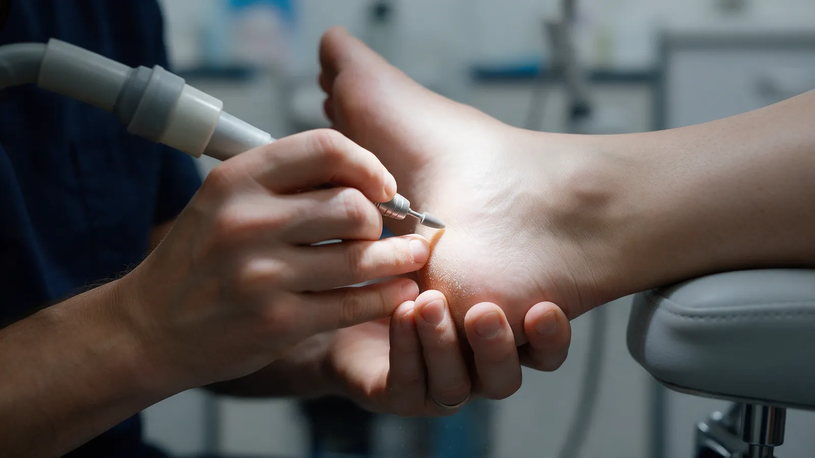 A podiatrist using a small rotary burr to reduce hard skin on the heel of a patient's foot resting on a footrest