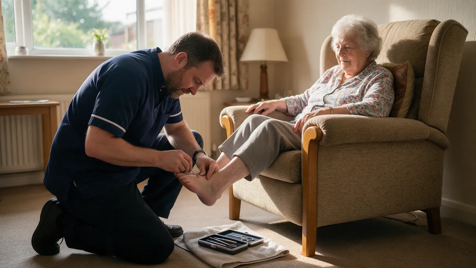 A podiatrist in a navy tunic kneeling to treat the foot of an elderly woman sitting in her own armchair at home, a small instrument case open on a towel on the carpet