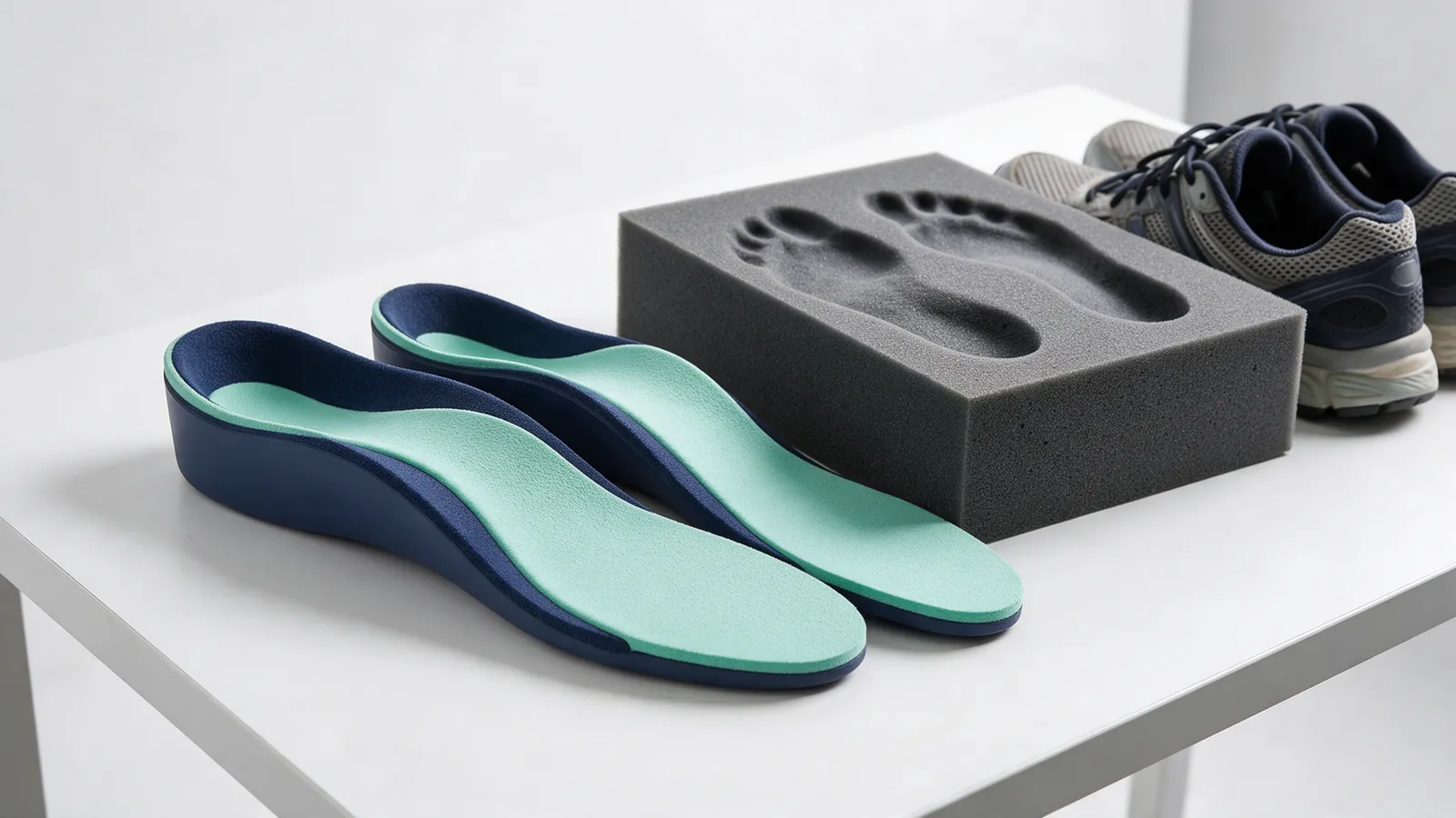 A pair of custom-made orthotic insoles in navy and mint on a white surface beside a foam foot impression box and a pair of trainers