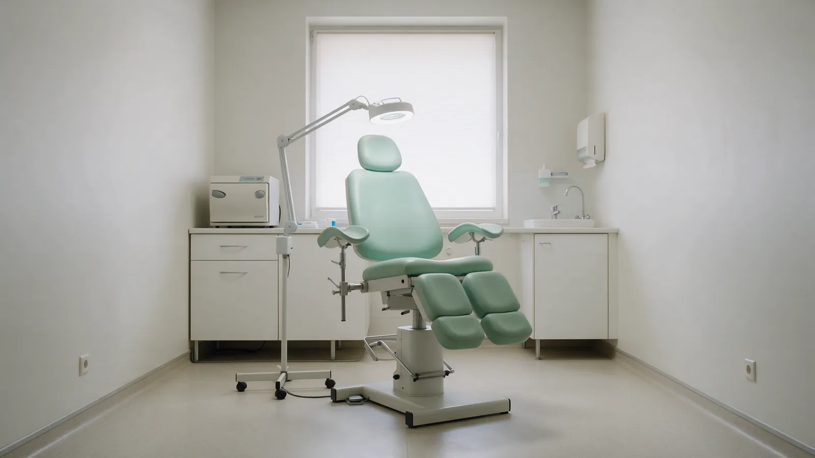 An empty bright podiatry treatment room with a mint-green adjustable chair, a white cabinet with an autoclave, an angled magnifying lamp and a window with a blind
