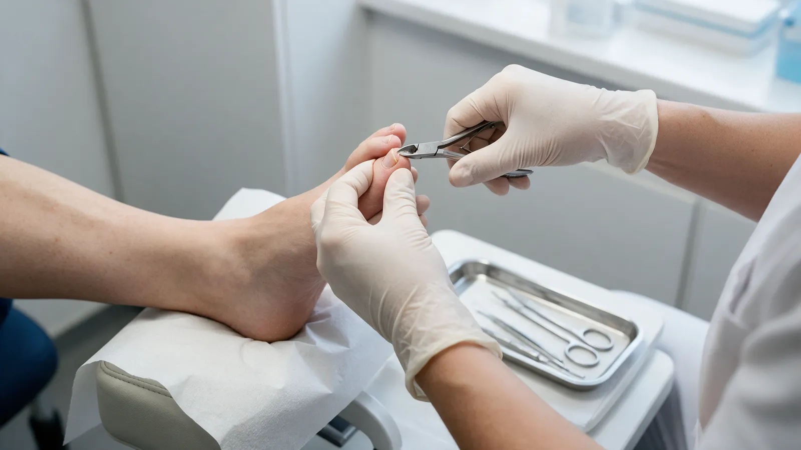 A chiropodist's gloved hands trimming a toenail with sterile nail nippers, the patient's foot on a paper-covered footrest, a tray of sterilised instruments beside it