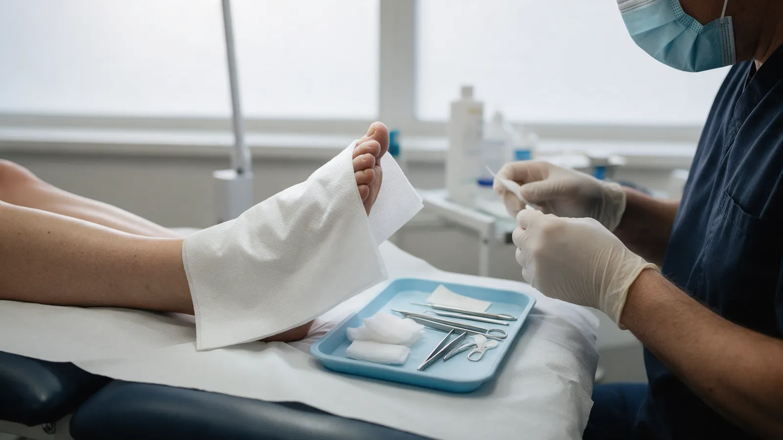 A sterile podiatry surgery setup: a draped foot with only the big toe exposed, a tray of sterile instruments and dressings, a podiatrist in gloves and a mask preparing