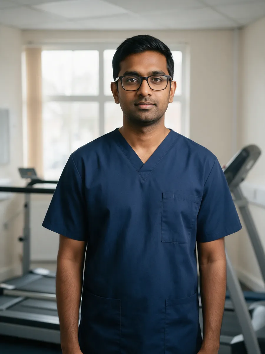 Arjun Mehta, a podiatrist in his early thirties with short black hair and glasses, wearing a navy clinical tunic in a clinic room with a gait analysis treadmill behind him