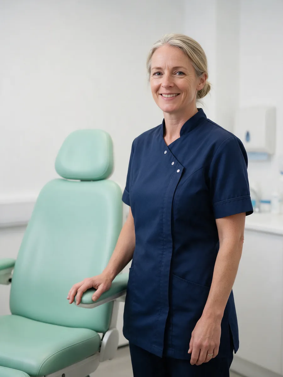 Helen Price, a woman podiatrist in her late forties with greying blonde hair in a low bun, wearing a navy clinical tunic, beside a mint-green podiatry chair in a bright treatment room